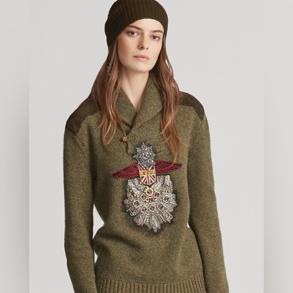 Ralph Lauren Collection Anniversary Olive Cashmere Shawl Collar Shield Sweater - Picture 6 of 16